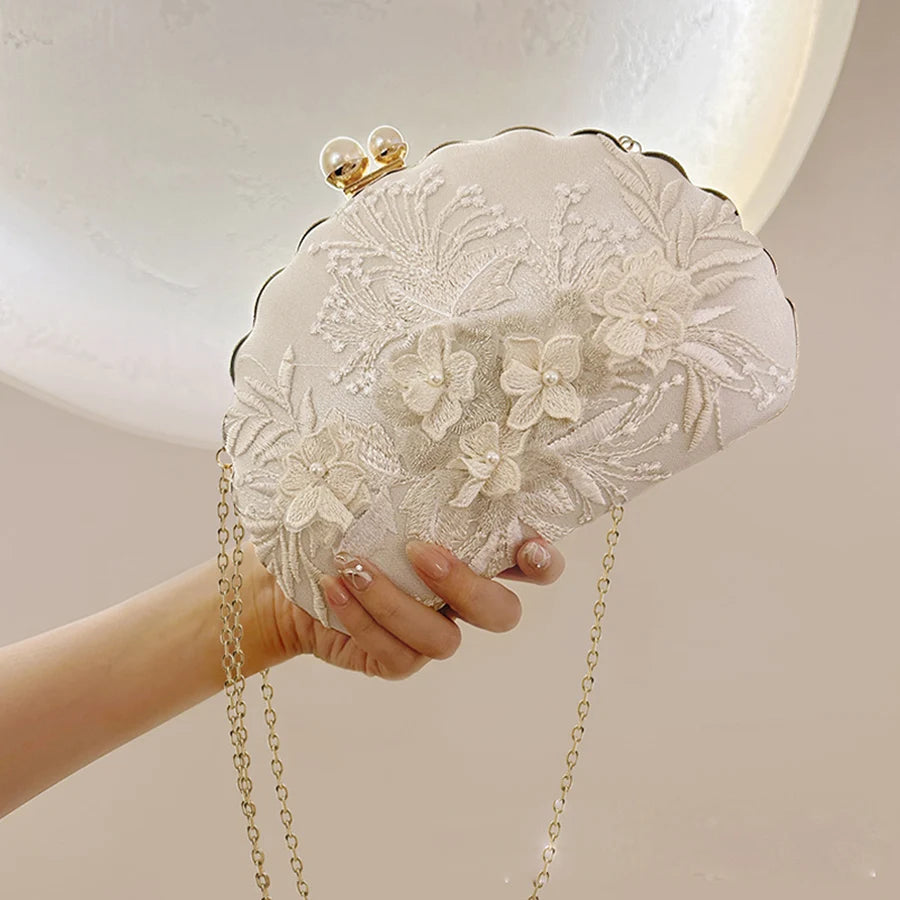 Shell clipe sacos de noite nova moda branco bordado renda embreagem férias crossbody saco corrente noiva festa casamento bolsa