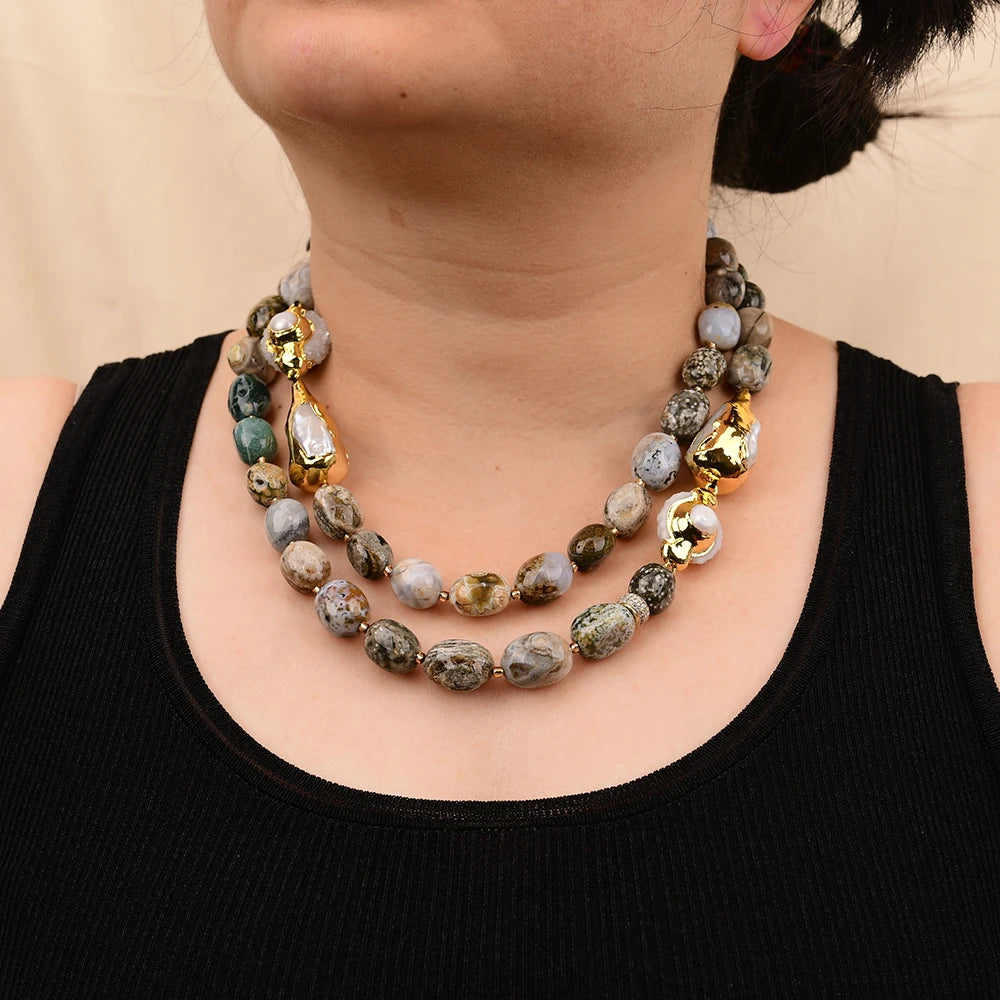Colar de Ágata Oceânica Natural G-G com 2 Fileiras, Pérola Biwa Branca, Quartzo Druzy, Feito à Mão para Mulheres