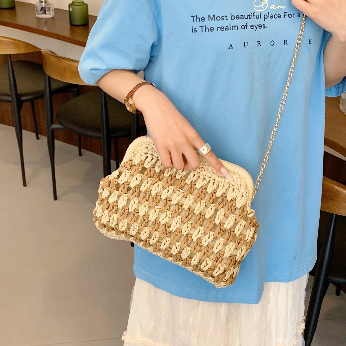 Moda a céu aberto malha sacos de ombro para mulheres elegante trançado fecho design leve crossbody bolsa verão praia tote bolsa