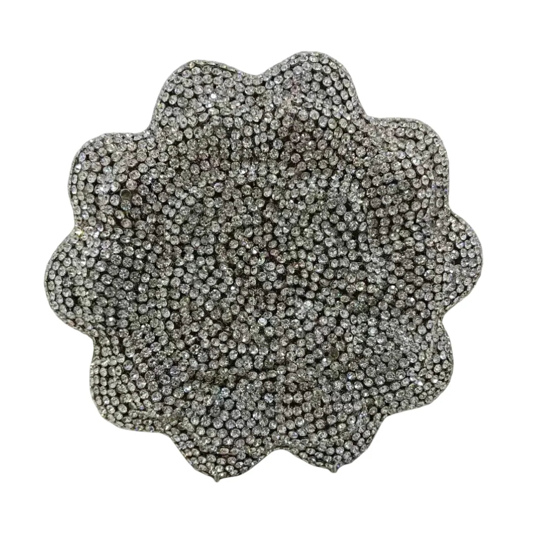 Novo design de luxo em forma de flor superfície diamante incrustado material de metal bolsa de noite feminina embreagem