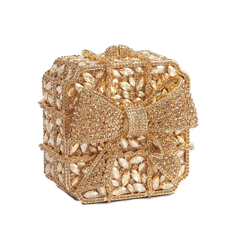 Caixa de presente com laço de borboleta incrustada com diamantes, bolsa quadrada pequena de mão com strass de alta qualidade, bolsa de ombro crossbody