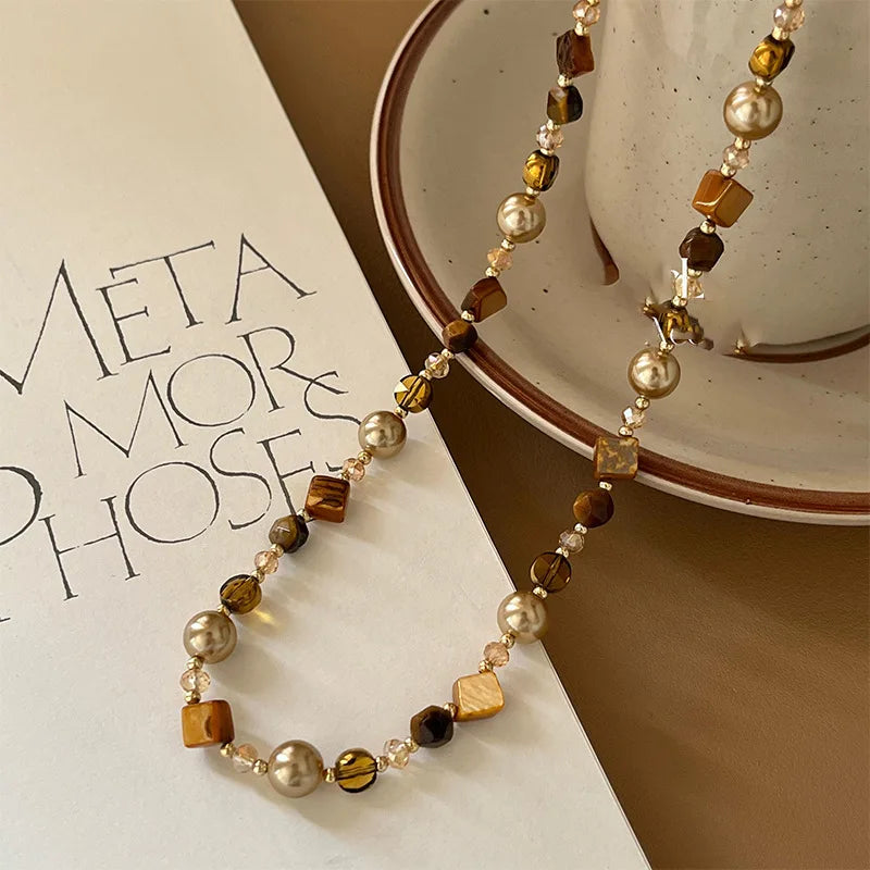 Vintage marrom natural tigre olho pedra gargantilha colar para mulher 2025 nova moda artesanal frisado corrente colar jóias presente