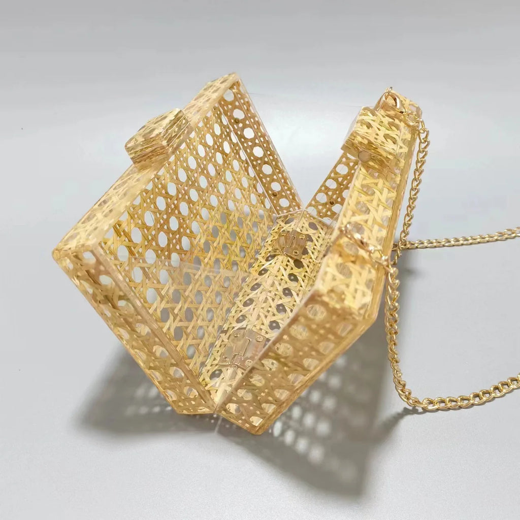Bolsa de embreagem acrílica sólida Rattan branco para mulheres, bolsa de noite luxuosa, casual box, moda moda bolsas bolsa de festa, nova