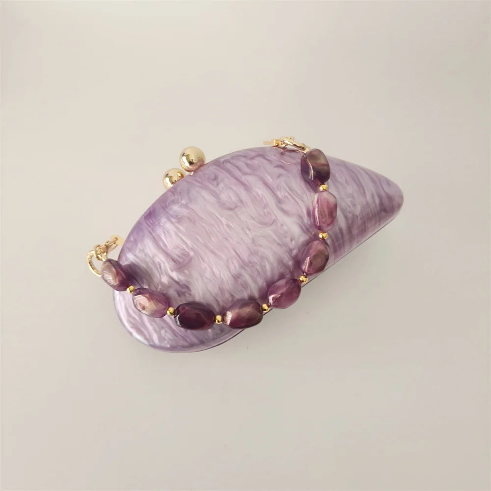 Oval roxo Shell bolsas acrílicas para mulheres, bolsas, ombro, bolsa crossbody com corrente, bolsa de embreagem, bolsas para festa de casamento