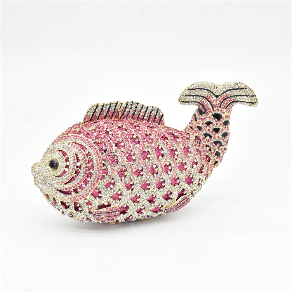 Bolsa de luxo para mulheres, forma de peixe, strass, metal diamante, metal, festa de casamento