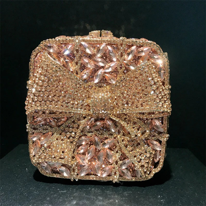 Caixa de presente com laço de borboleta incrustada com diamantes, bolsa quadrada pequena de mão com strass de alta qualidade, bolsa de ombro crossbody