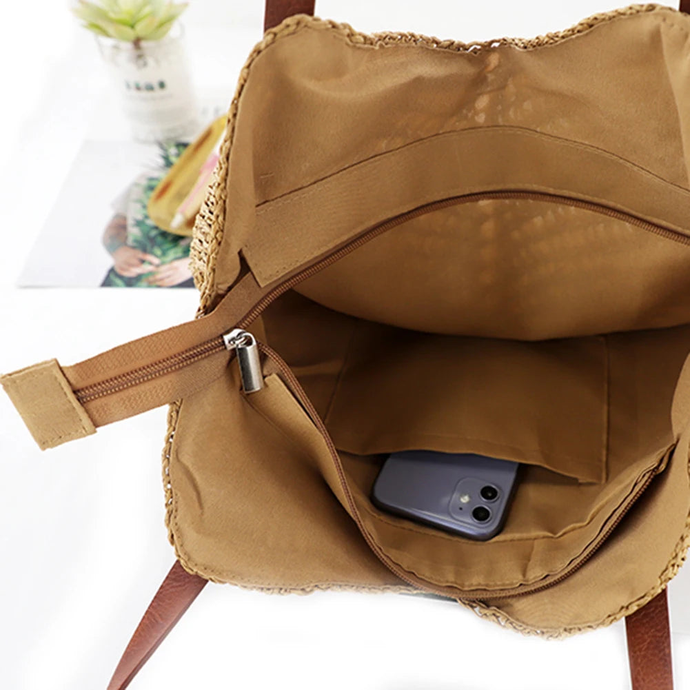 Bolsa de palha de verão tecida à mão para mulheres elegante bolsa de férias de praia bolsa de ombro de grande capacidade