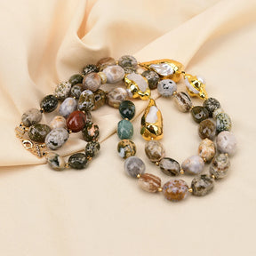 Colar de Ágata Oceânica Natural G-G com 2 Fileiras, Pérola Biwa Branca, Quartzo Druzy, Feito à Mão para Mulheres