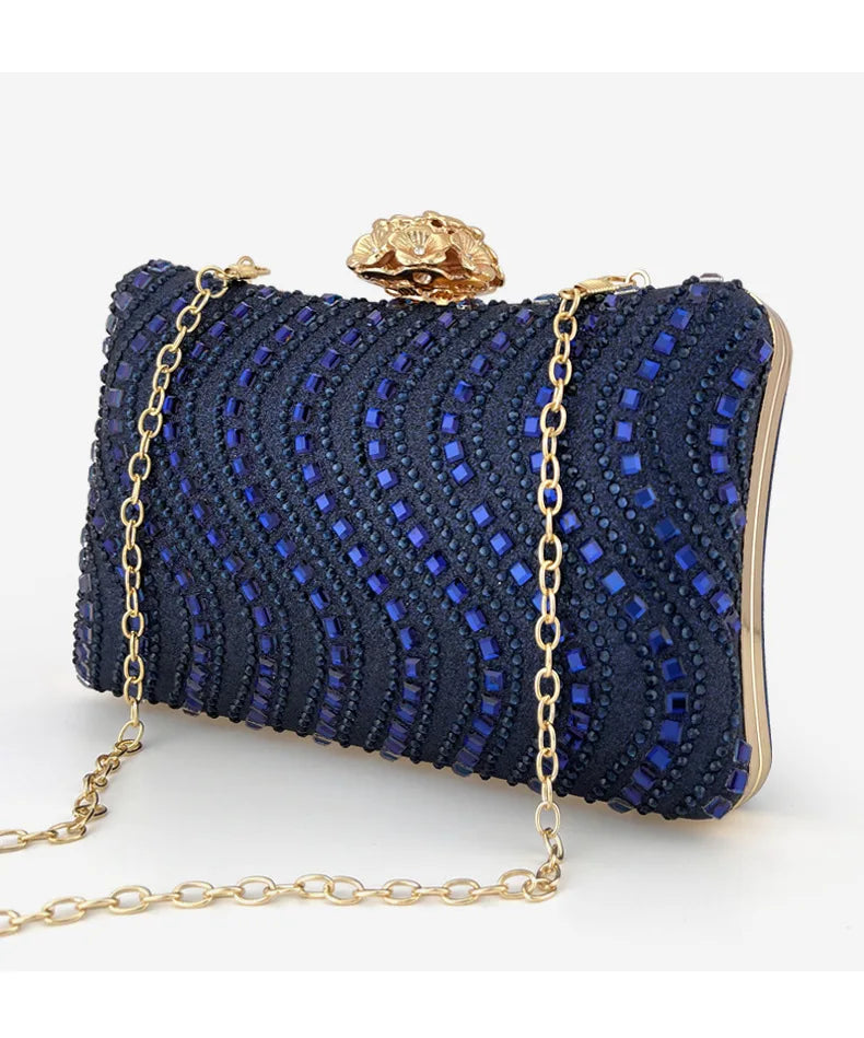 Bolsa de jantar com travesseiro azul safira, versátil, luxuosa, temperamento, bolsa de mão, retrô, diamante quente, banquete, bolsa feminina