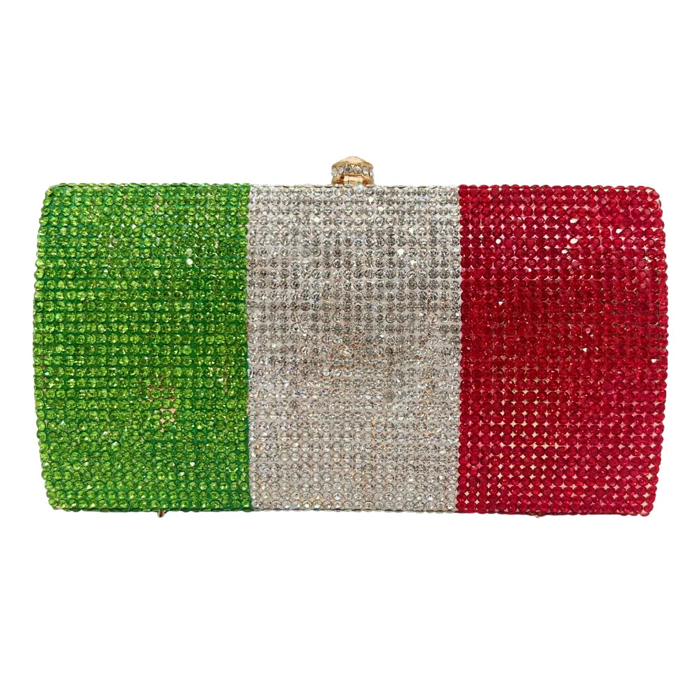Bolsa de diamante em forma de bandeira italiana de luxo de alta qualidade, festa de casamento de diamante, bolsa, bolsa de noite, embreagem de cristal