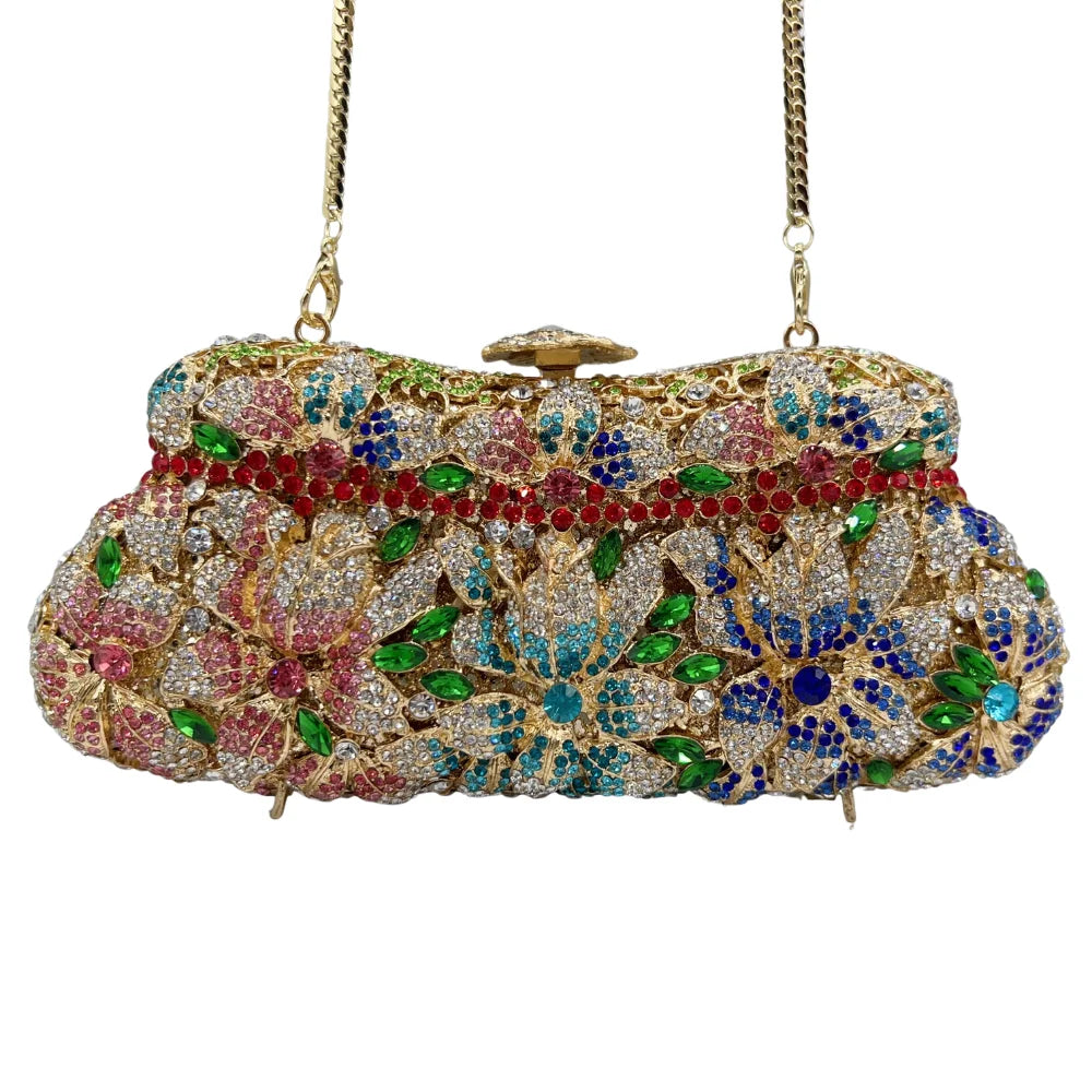 Flor de alta qualidade oco diamante jantar de casamento senhoras diamante corrente saco noite