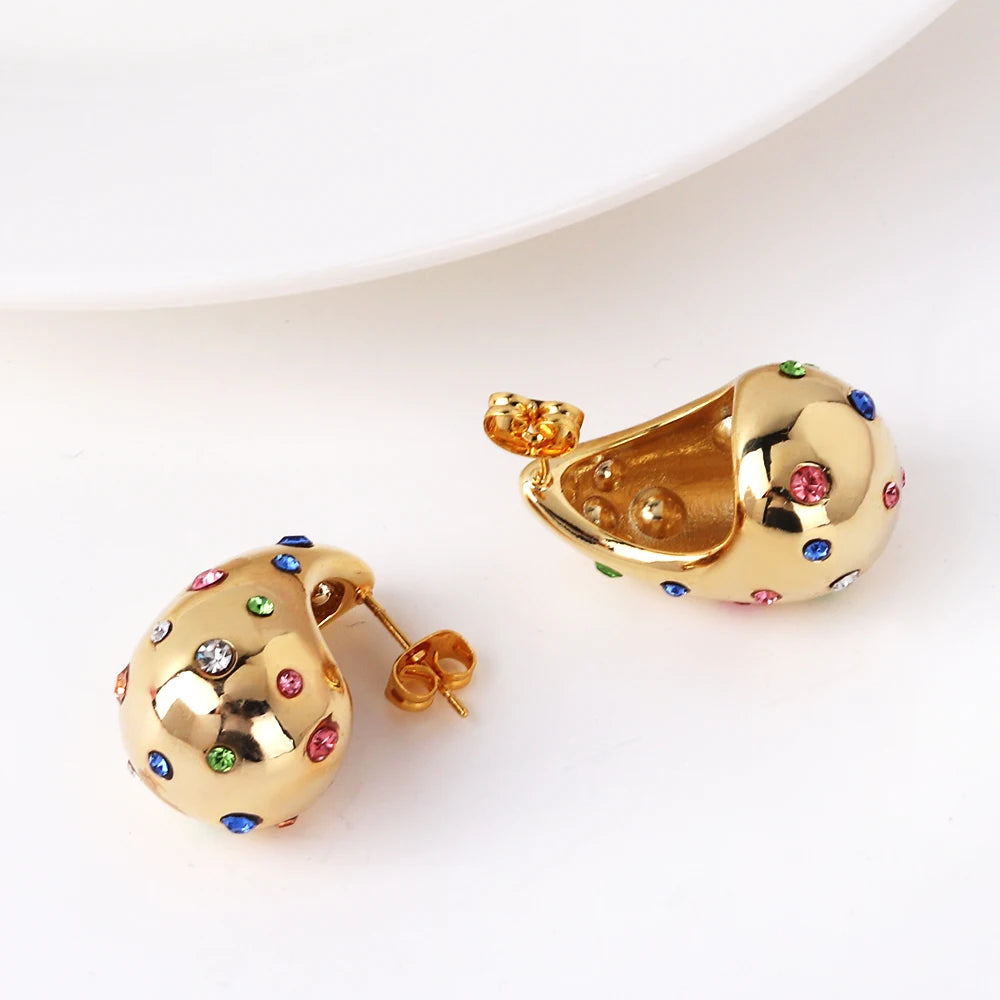 Brinco em forma de lágrima à prova d'água, contas embutidas, 18k, pvd, banhado a ouro, aço inoxidável, brincos de gota elegantes para mulheres