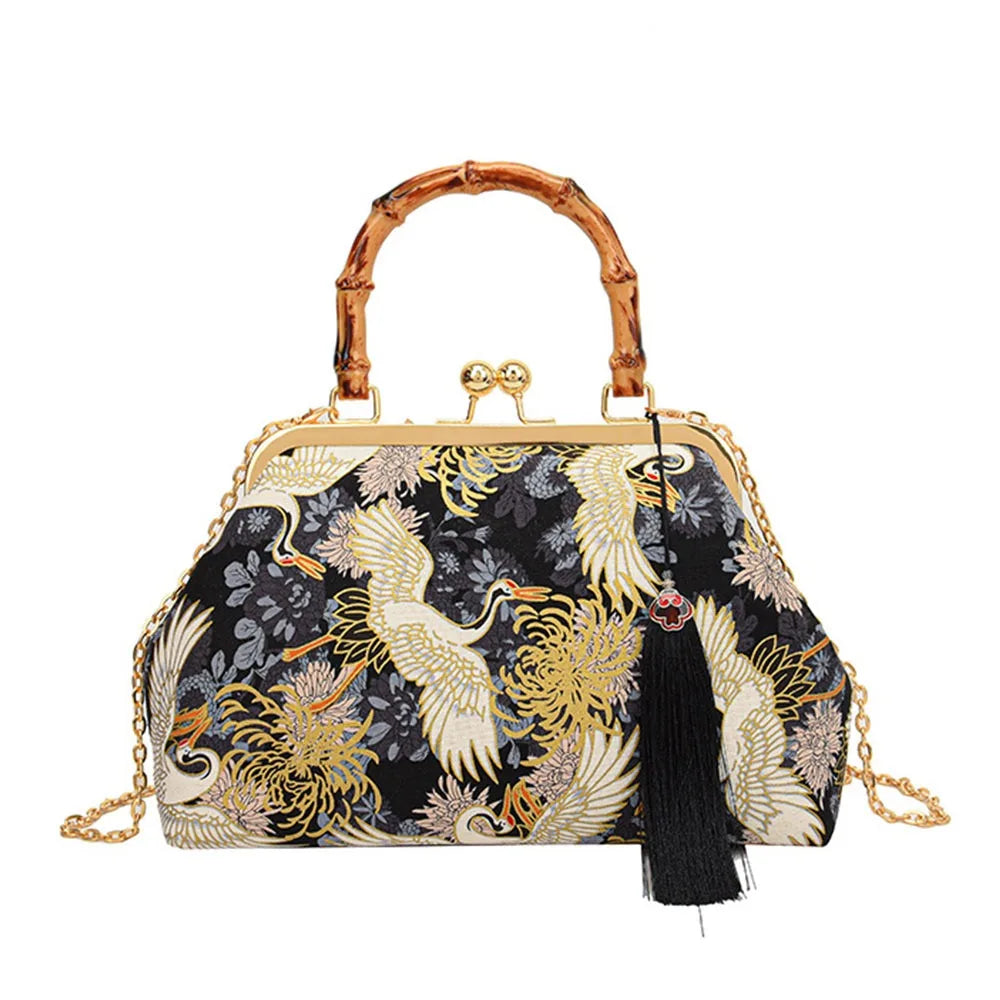 Bolsa de mão de noite com alça de rattan, guindaste coroado vermelho, estampa de borla, corrente, bolsa de ombro, bolsa crossbody para mulheres, noiva, casamento