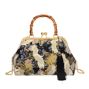 Bolsa de mão de noite com alça de rattan, guindaste coroado vermelho, estampa de borla, corrente, bolsa de ombro, bolsa crossbody para mulheres, noiva, casamento