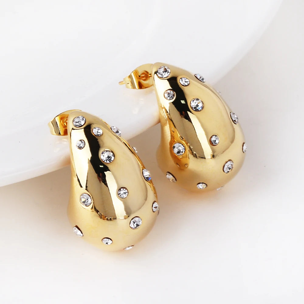 Brinco em forma de lágrima à prova d'água, contas embutidas, 18k, pvd, banhado a ouro, aço inoxidável, brincos de gota elegantes para mulheres