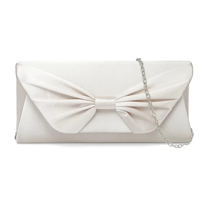 Bolsa de noite cetim bowknot para mulheres, embreagem elegante, bolsas nupciais, embreagens de casamento, corrente de metal, bolsa de ombro crossbody