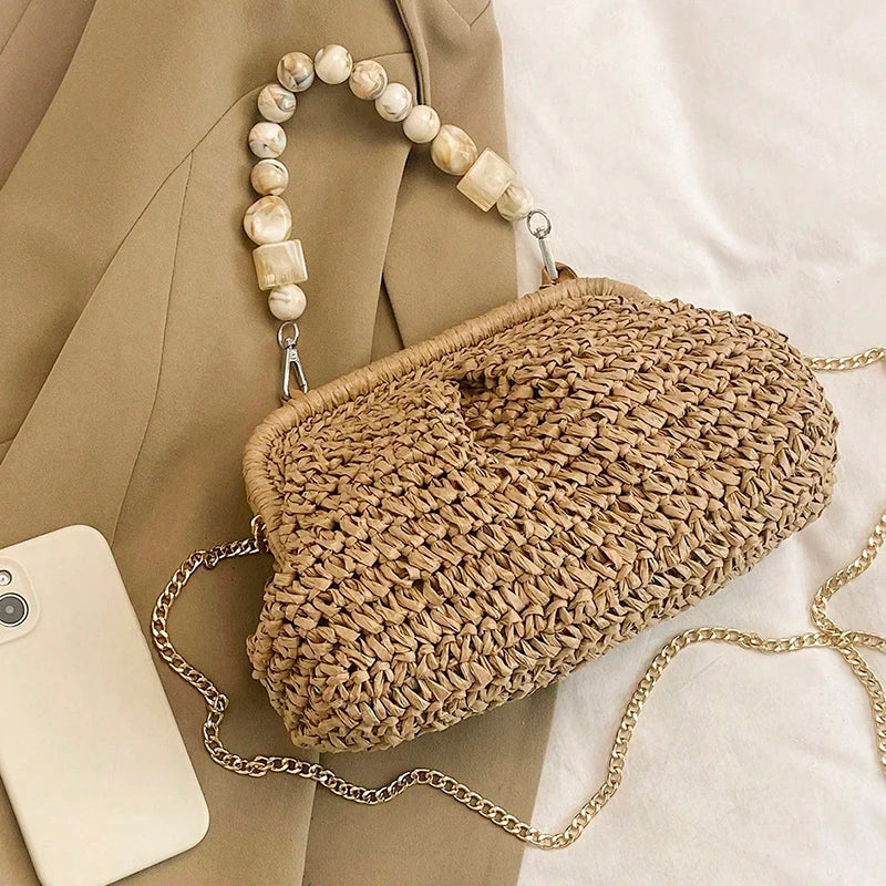Bolsas de palha femininas da moda, bolsas de ombro estilo tecido moderno e de nicho, bolsas crossbody.