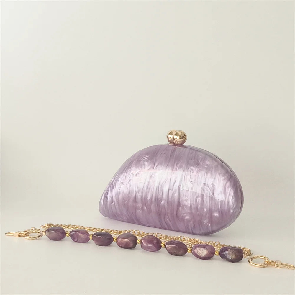 Oval roxo Shell bolsas acrílicas para mulheres, bolsas, ombro, bolsa crossbody com corrente, bolsa de embreagem, bolsas para festa de casamento