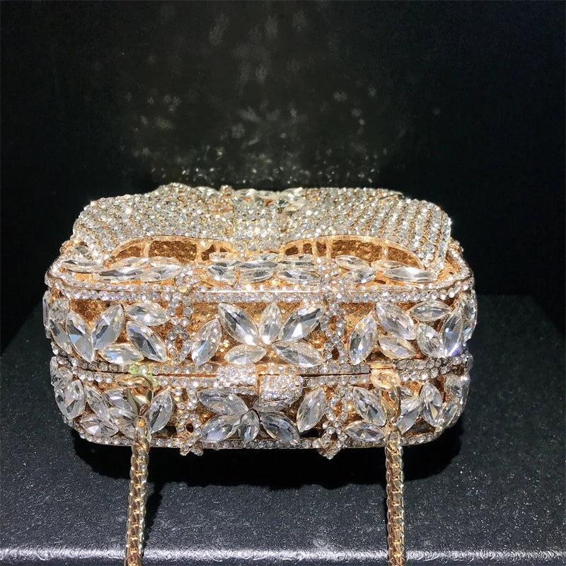 Caixa de presente com laço de borboleta incrustada com diamantes, bolsa quadrada pequena de mão com strass de alta qualidade, bolsa de ombro crossbody