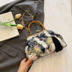 Bolsa de mão de noite com alça de rattan, guindaste coroado vermelho, estampa de borla, corrente, bolsa de ombro, bolsa crossbody para mulheres, noiva, casamento
