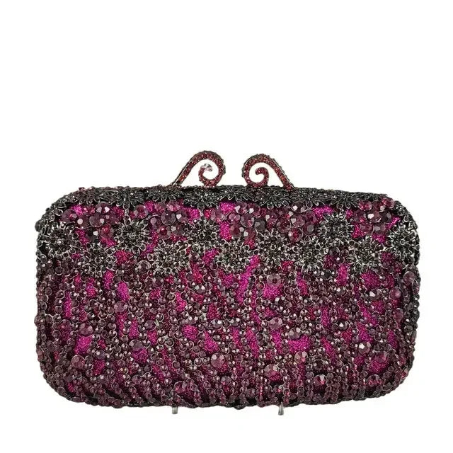 Boutique de fgg brilhante magenta strass bolsas de embreagem para mulheres elegantes, sacos de embreagem de noite formais, bolsa de embreagem de flor de noiva