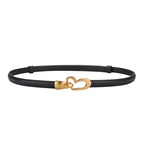 Cinto feminino de couro genuíno, cinto fino de couro skinny para calças, fivela em forma de coração dourada da moda