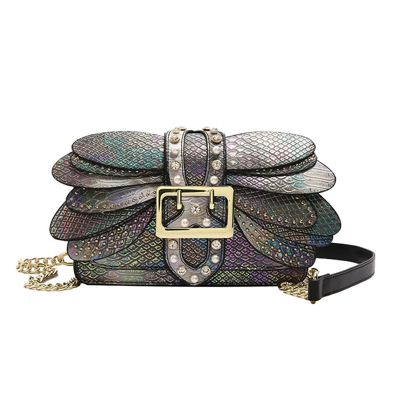 Pérola colorida rebitada saco gradiente libélula rebitada asas ombro sacola elegante noite embreagem para bolsas femininas