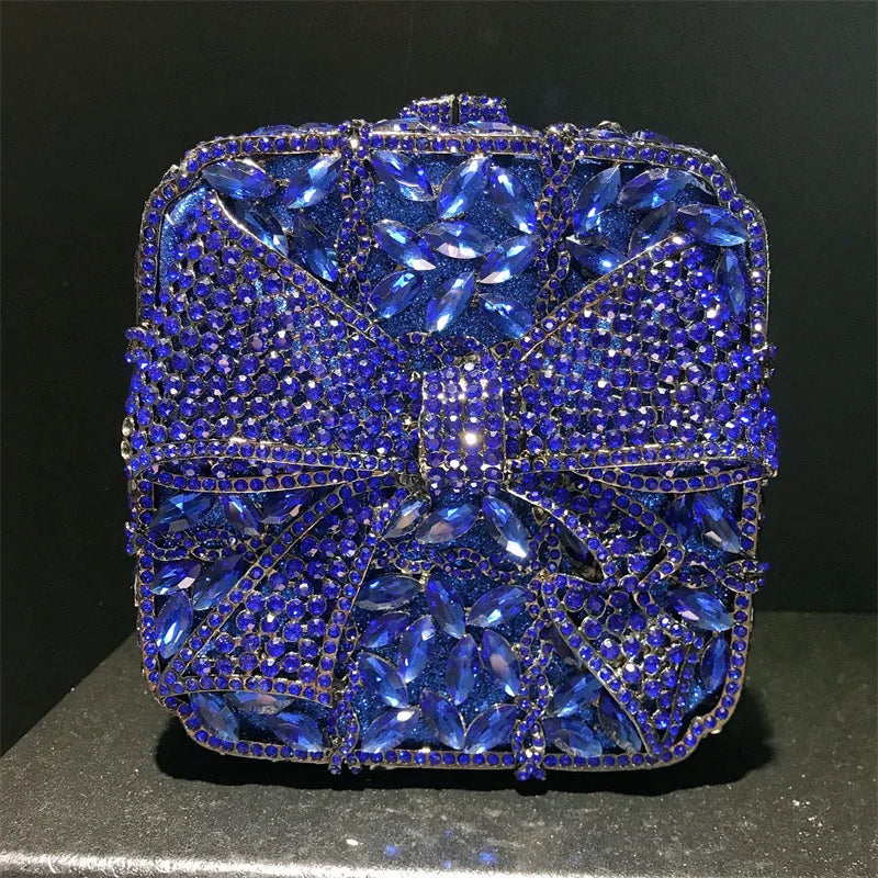 Caixa de presente com laço de borboleta incrustada com diamantes, bolsa quadrada pequena de mão com strass de alta qualidade, bolsa de ombro crossbody