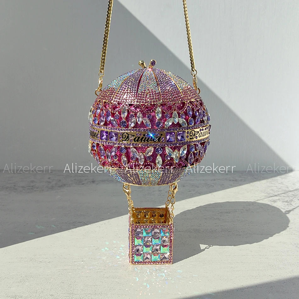 Alizekerr balão de ar quente em forma de cristal sacos de noite feminino luxo elegante único strass circular embreagem bolsas festa casamento