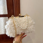 Doce estilo pérola corrente noite saco de embreagem malha macia renda dobrado bainha versão coreana bolsa crossbody para mulher