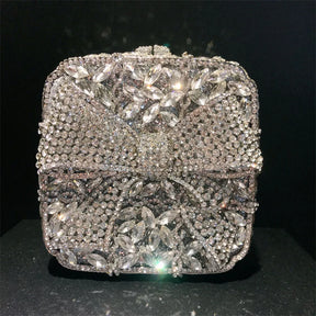 Caixa de presente com laço de borboleta incrustada com diamantes, bolsa quadrada pequena de mão com strass de alta qualidade, bolsa de ombro crossbody