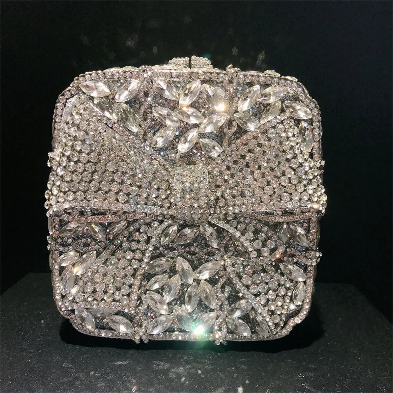Caixa de presente com laço de borboleta incrustada com diamantes, bolsa quadrada pequena de mão com strass de alta qualidade, bolsa de ombro crossbody