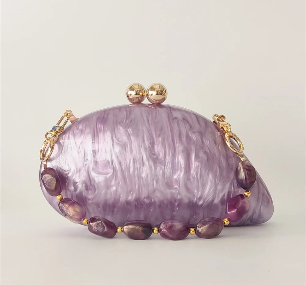 Oval roxo Shell bolsas acrílicas para mulheres, bolsas, ombro, bolsa crossbody com corrente, bolsa de embreagem, bolsas para festa de casamento
