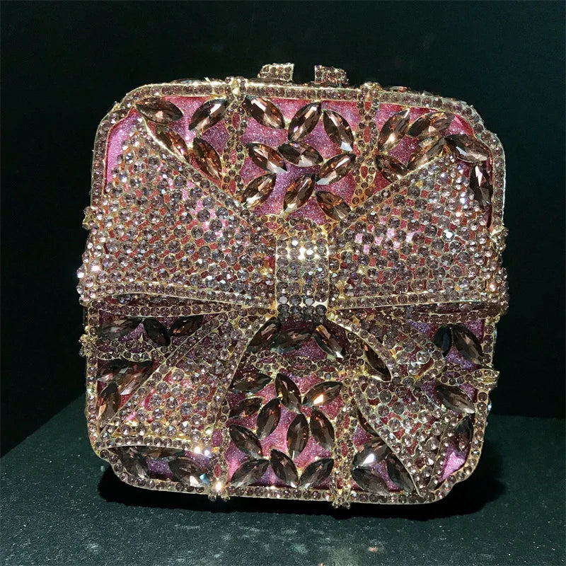 Caixa de presente com laço de borboleta incrustada com diamantes, bolsa quadrada pequena de mão com strass de alta qualidade, bolsa de ombro crossbody