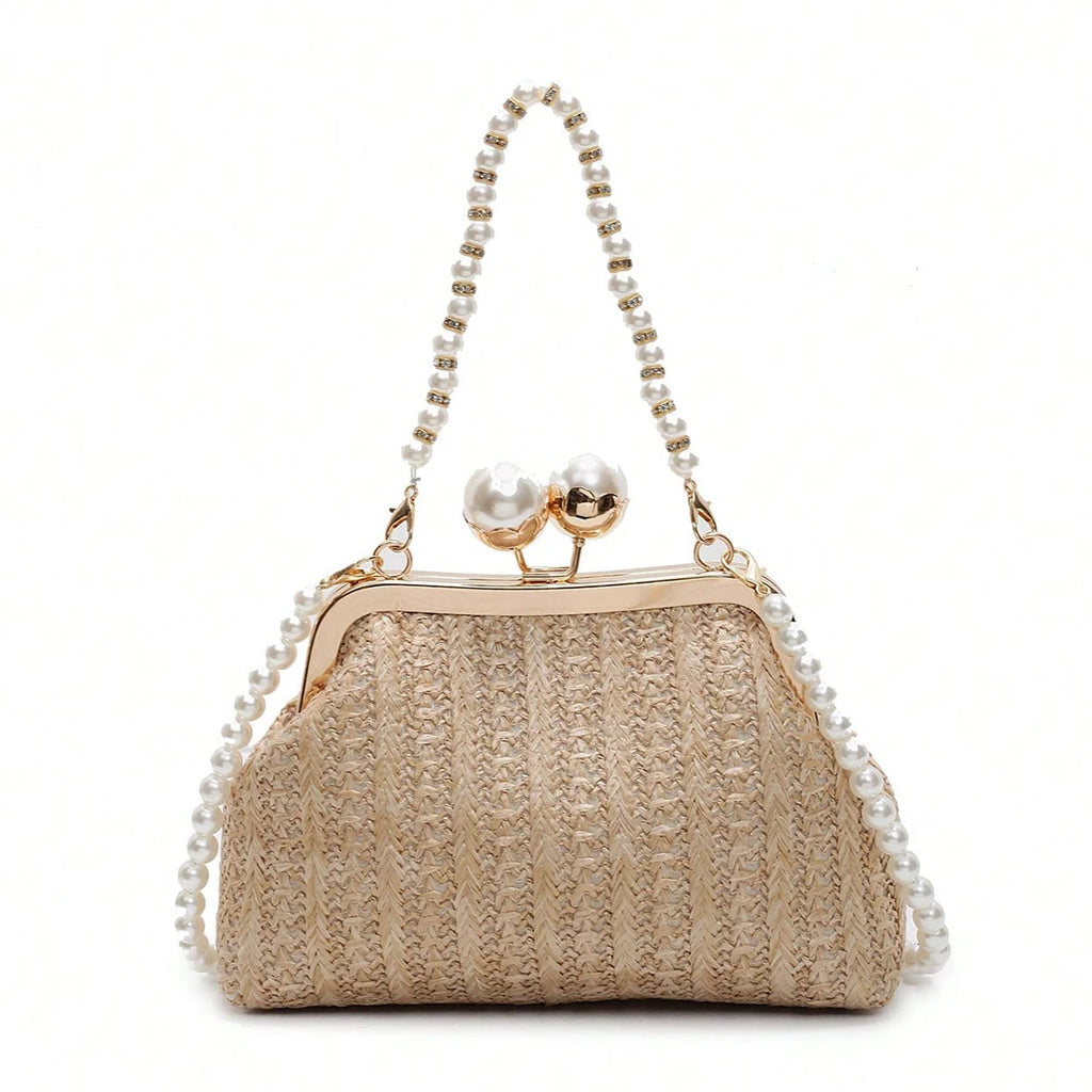 Novas bolsas de palha listradas de cor sólida populares na primavera e no verão, elegantes bolsas crossbody com corrente de pérola de nicho,