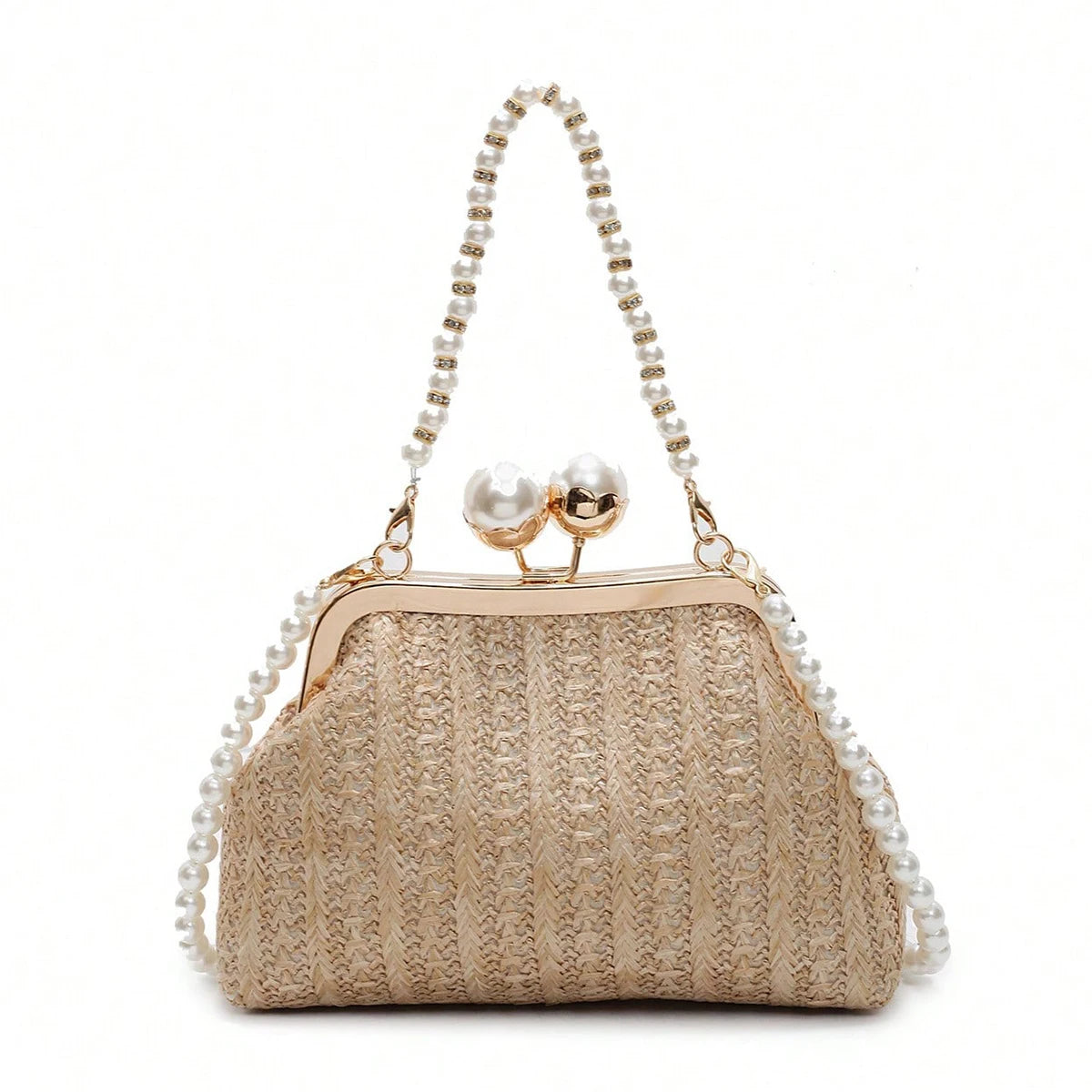 Novas bolsas de palha listradas de cor sólida populares na primavera e no verão, elegantes bolsas crossbody com corrente de pérola de nicho,