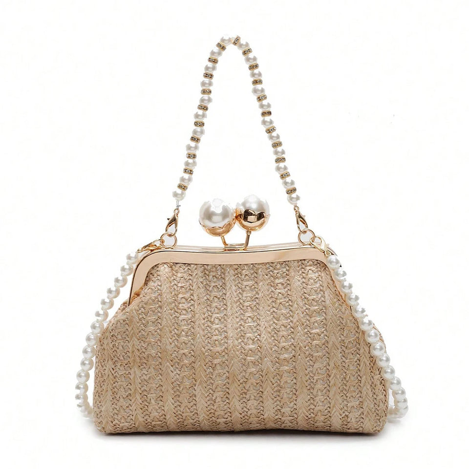 Novas bolsas de palha listradas de cor sólida populares na primavera e no verão, elegantes bolsas crossbody com corrente de pérola de nicho,