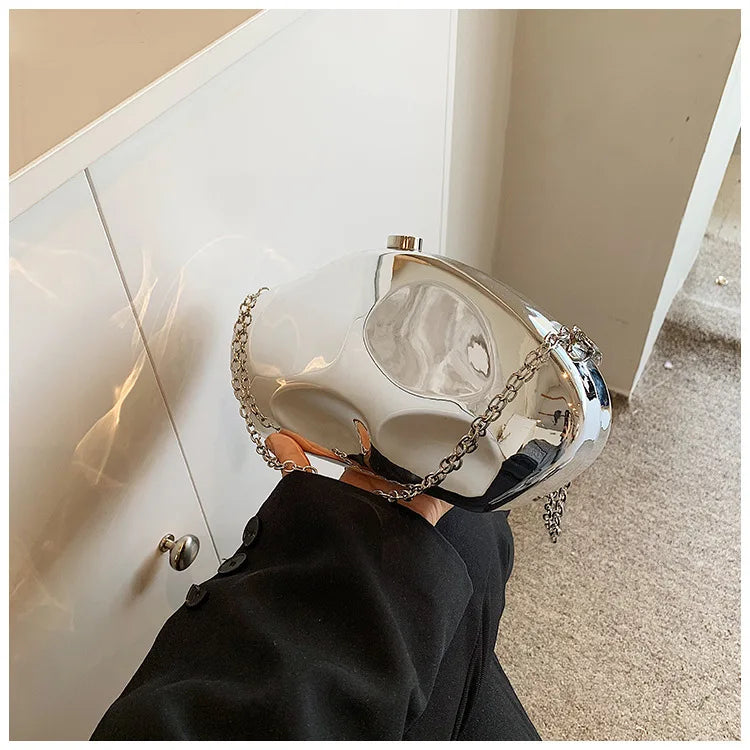 Acrílico Shell Forma Embreagem para Senhoras, Bolsa de Metal Brilhante, Ouro, Prata, Ovo Azul, Bolsa para Festa, Bolsas de Designer Bonitas, Bolsa Presente, Novo