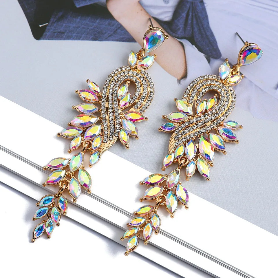 Moda folha nota colorido cristal longo pendurado jóias para meninas brincos feminino retro luz luxo requintado senhoras brincos