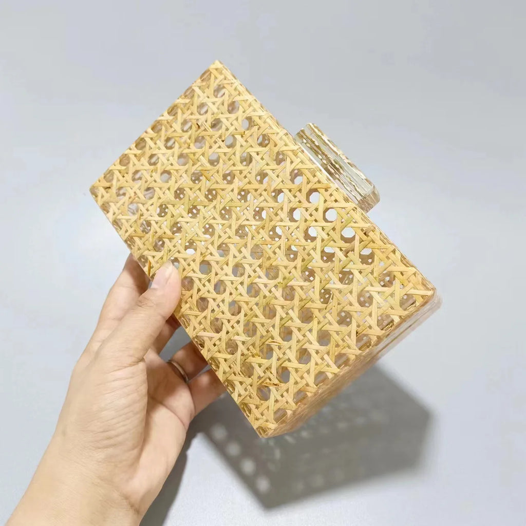 Bolsa de embreagem acrílica sólida Rattan branco para mulheres, bolsa de noite luxuosa, casual box, moda moda bolsas bolsa de festa, nova