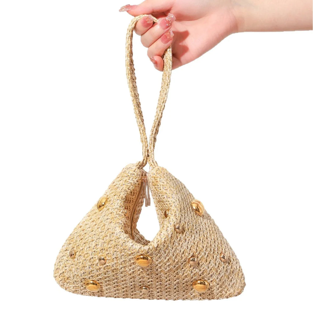 Nova moda feminina bolsas de tecido verão metal alça redonda sacos palha commuter banquete saco embreagem