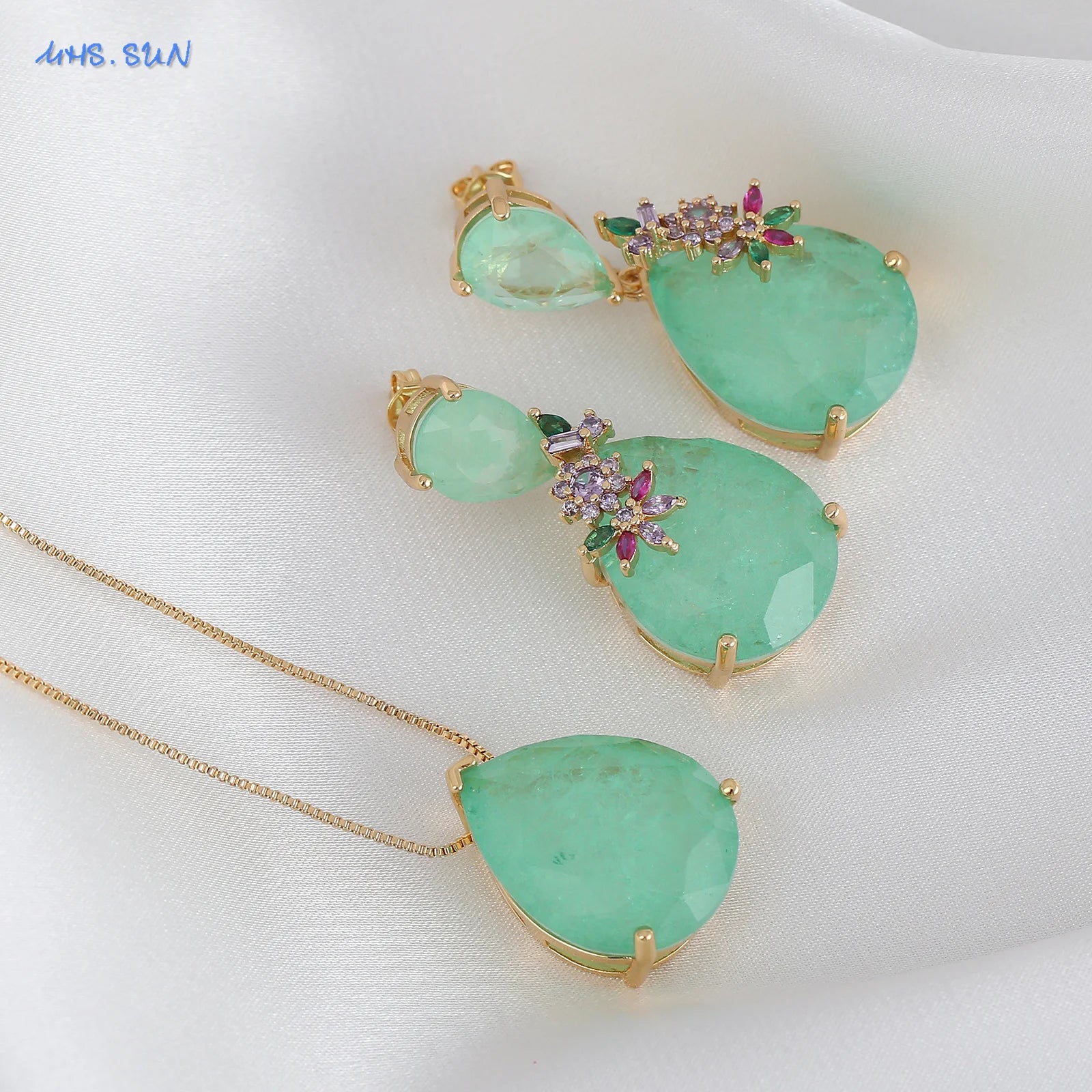 sun luxo gota de água colar brinco para festa de casamento feminino verde vermelho pedra conjunto jóias natal presentes do dia dos namorados