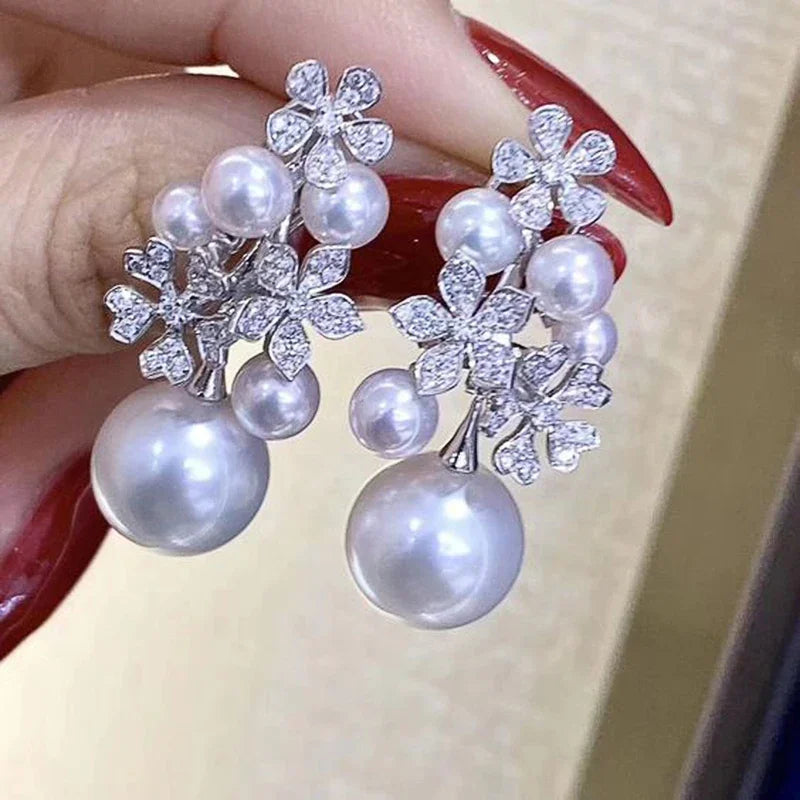 Huitan recém-projetado flor brincos com imitação elegante pérola noivado casamento brincos estéticos para mulheres moda jóias