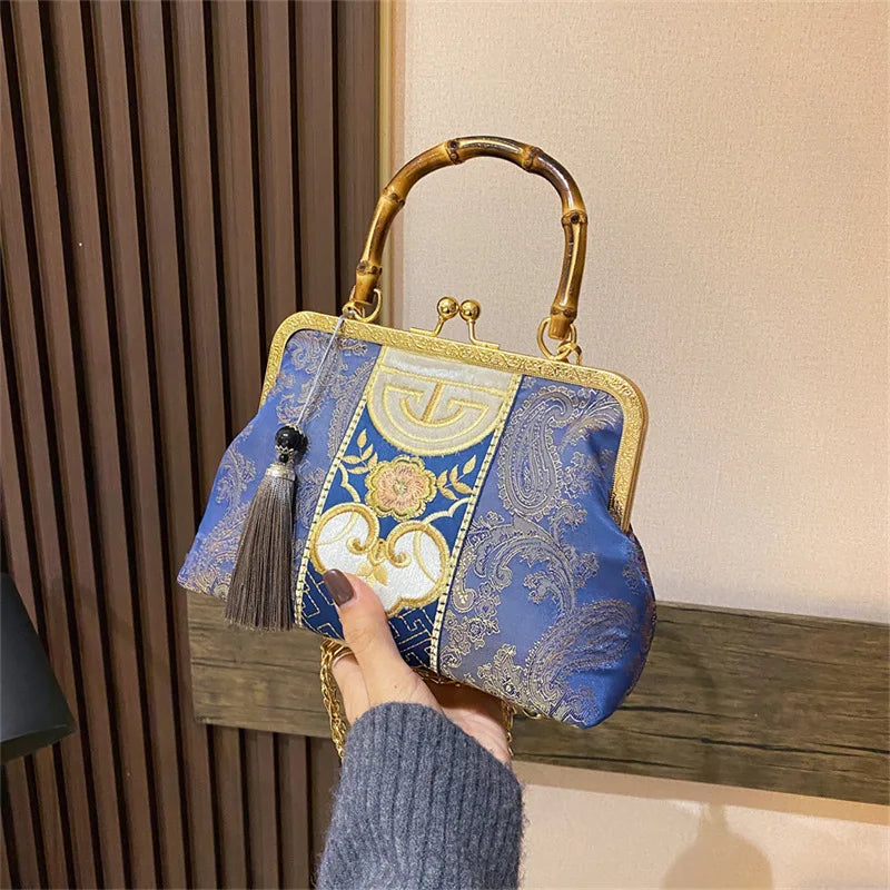 Bordado Jacquard Wood Hand Bag para Mulheres, Lock Shell Bags, Shoulder Crossbody Bag, Tote Cadeia, Bolsas Femininas, Bolsas, Designer