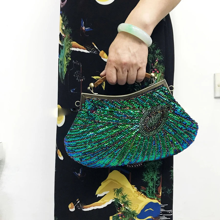 Bolsa luxuosa de lantejoulas com penas de pavão, feita à mão, retrô, cheongsam, bolsa de jantar, bolsa de mão com contas para vestido de casamento, jantar