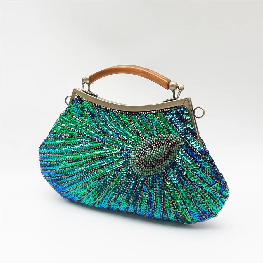Bolsa luxuosa de lantejoulas com penas de pavão, feita à mão, retrô, cheongsam, bolsa de jantar, bolsa de mão com contas para vestido de casamento, jantar