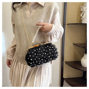 Doce estilo pérola corrente noite saco de embreagem malha macia renda dobrado bainha versão coreana bolsa crossbody para mulher