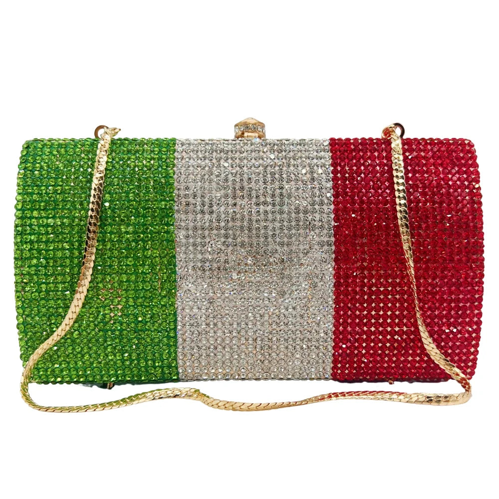 Bolsa de diamante em forma de bandeira italiana de luxo de alta qualidade, festa de casamento de diamante, bolsa, bolsa de noite, embreagem de cristal