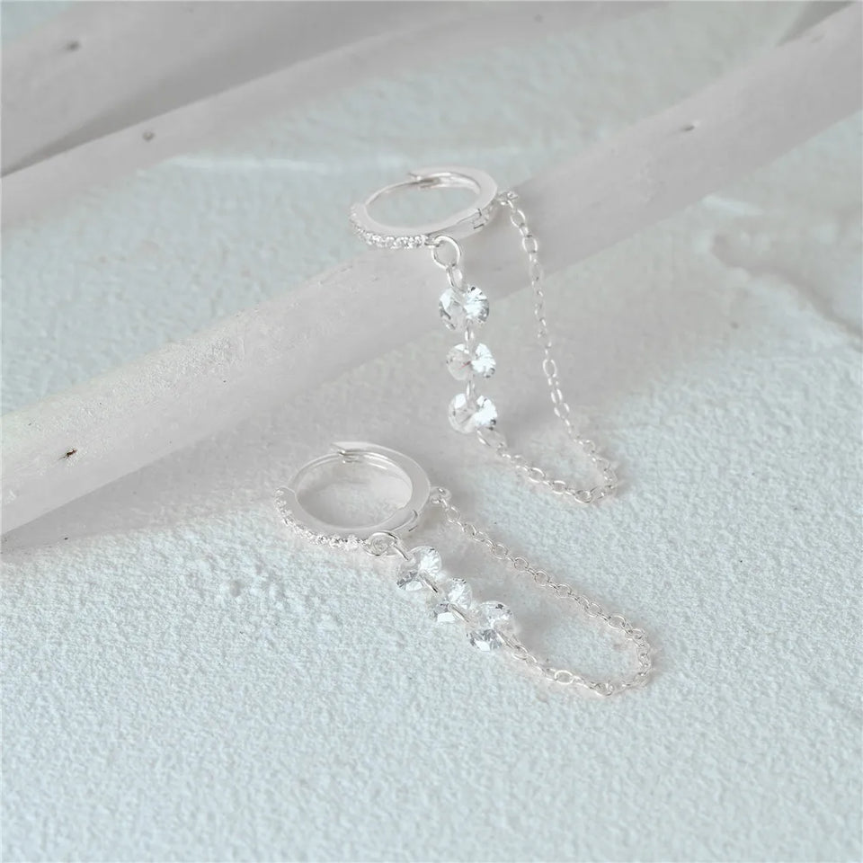 Aide 925 prata esterlina três zircão gota longa corrente ouro hoop fivela piercing brincos para mulheres casual jóias festa presente
