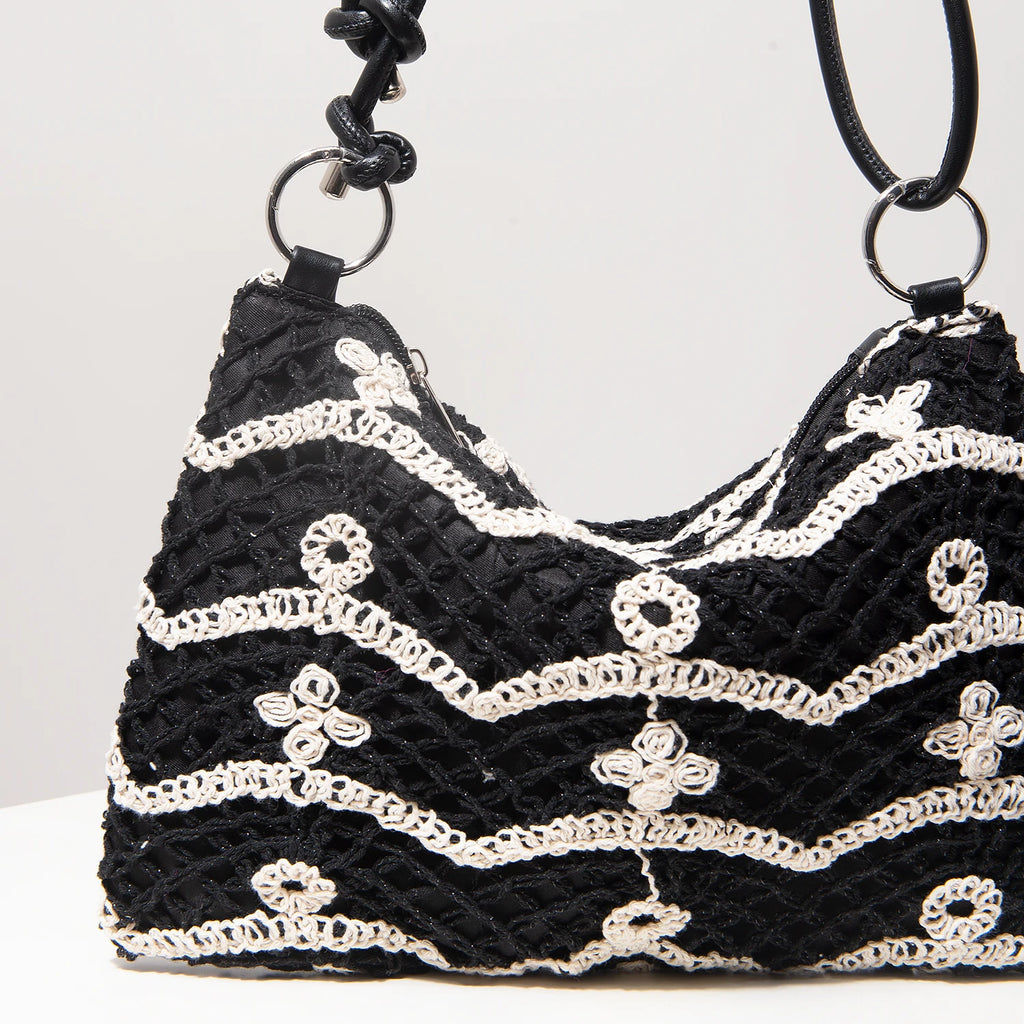Sacolas de ombro de tricô oco com padrão para mulheres, bolsas de praia boho para mulheres, roupas de férias, bolsa de guê (padrão aleatório)